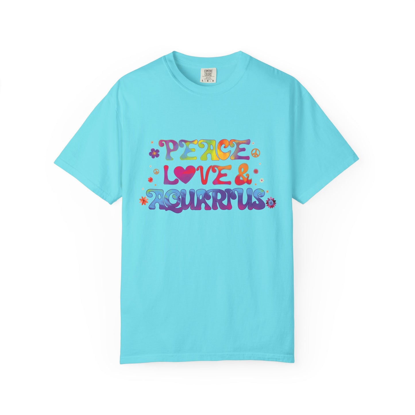 Peace Love & Aquarius Tee – Groovy Multicolor Zodiac Shirt
