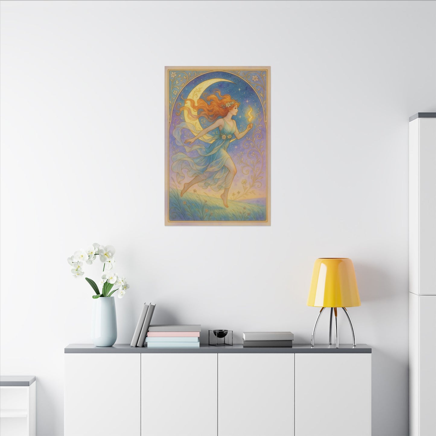 Flame Keeper Running Free – Moonlit Goddess Art Nouveau Canvas Wall Art