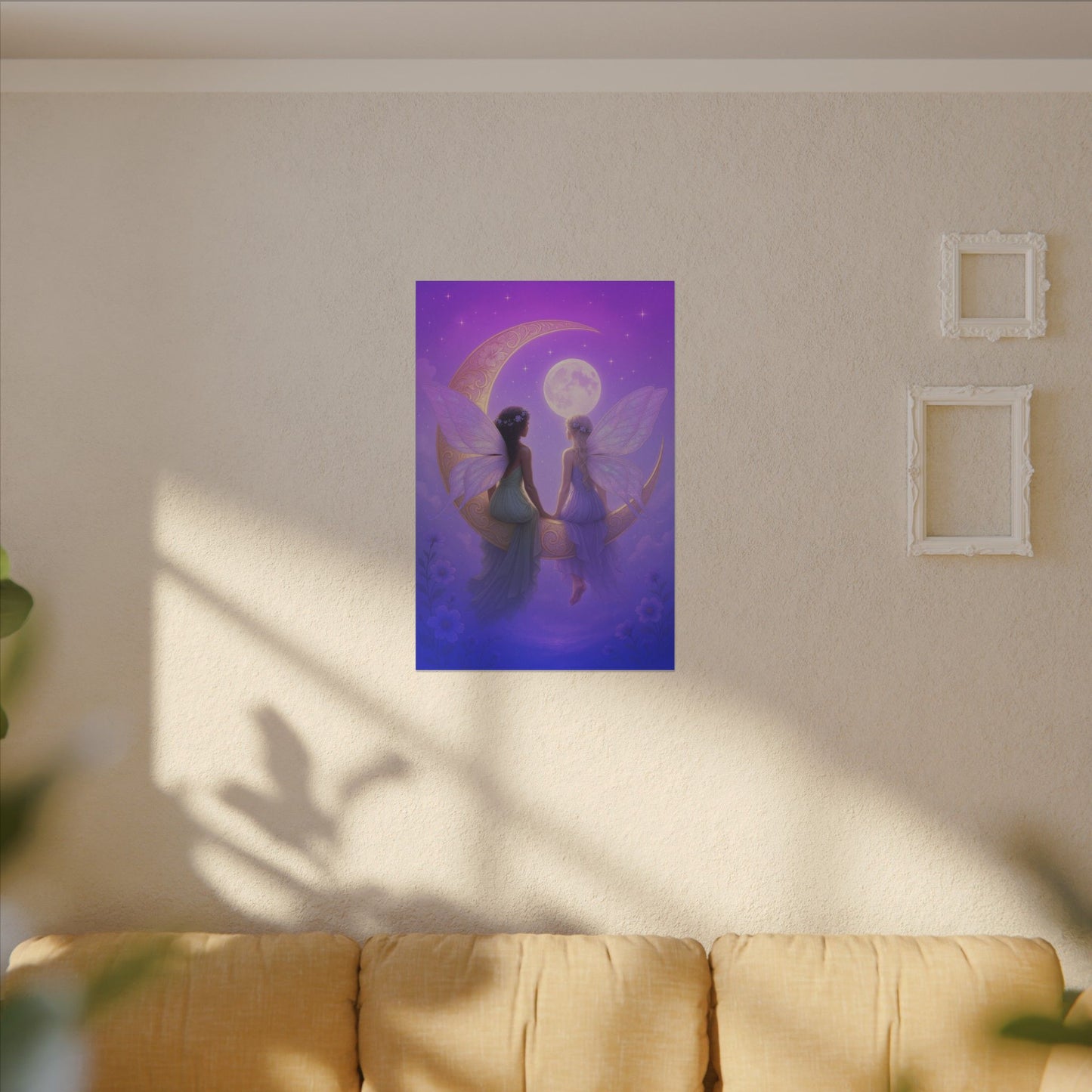 Fairy Friends on the Moon – Enchanted Purple Dream Wall Art