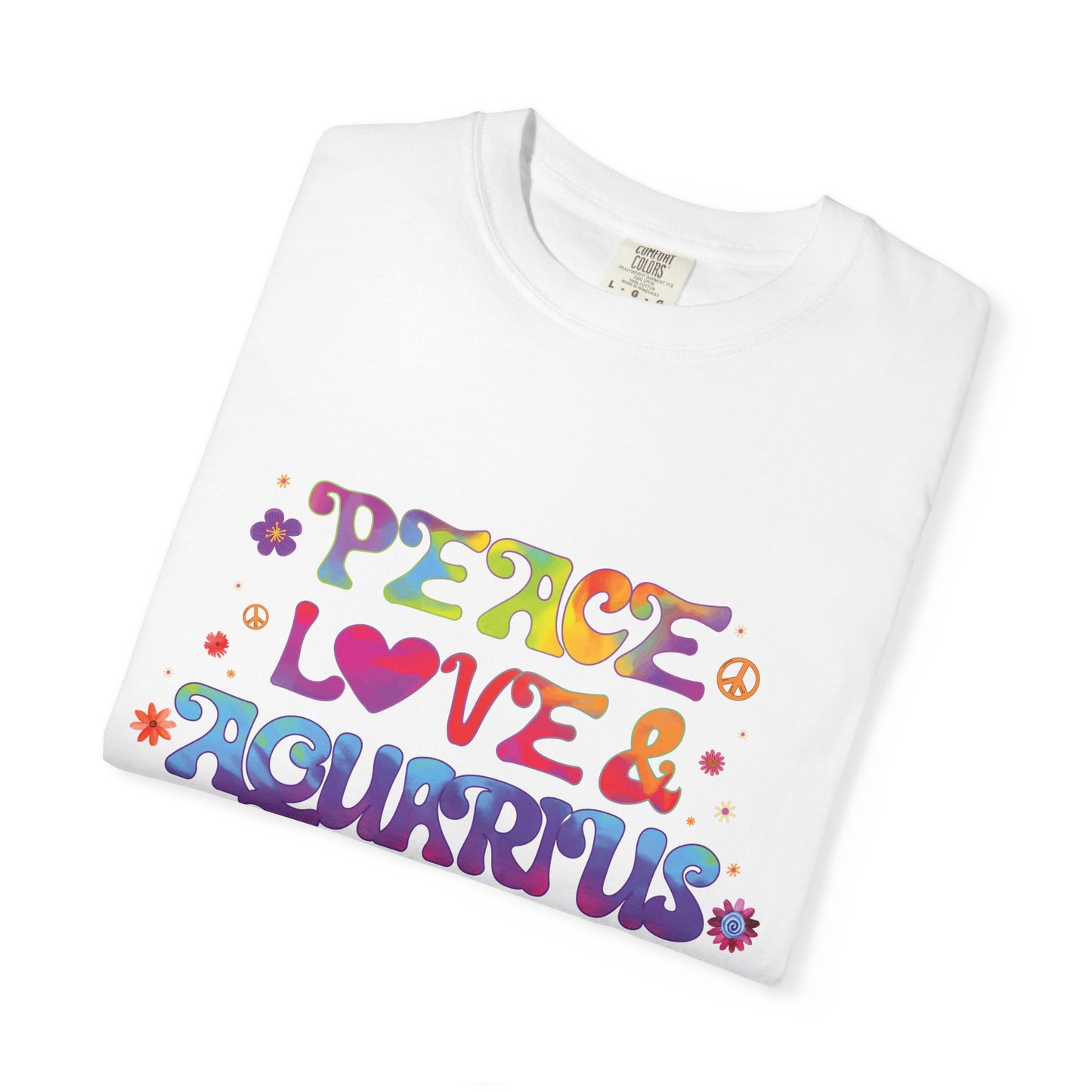 Peace Love & Aquarius Tee – Groovy Multicolor Zodiac Shirt