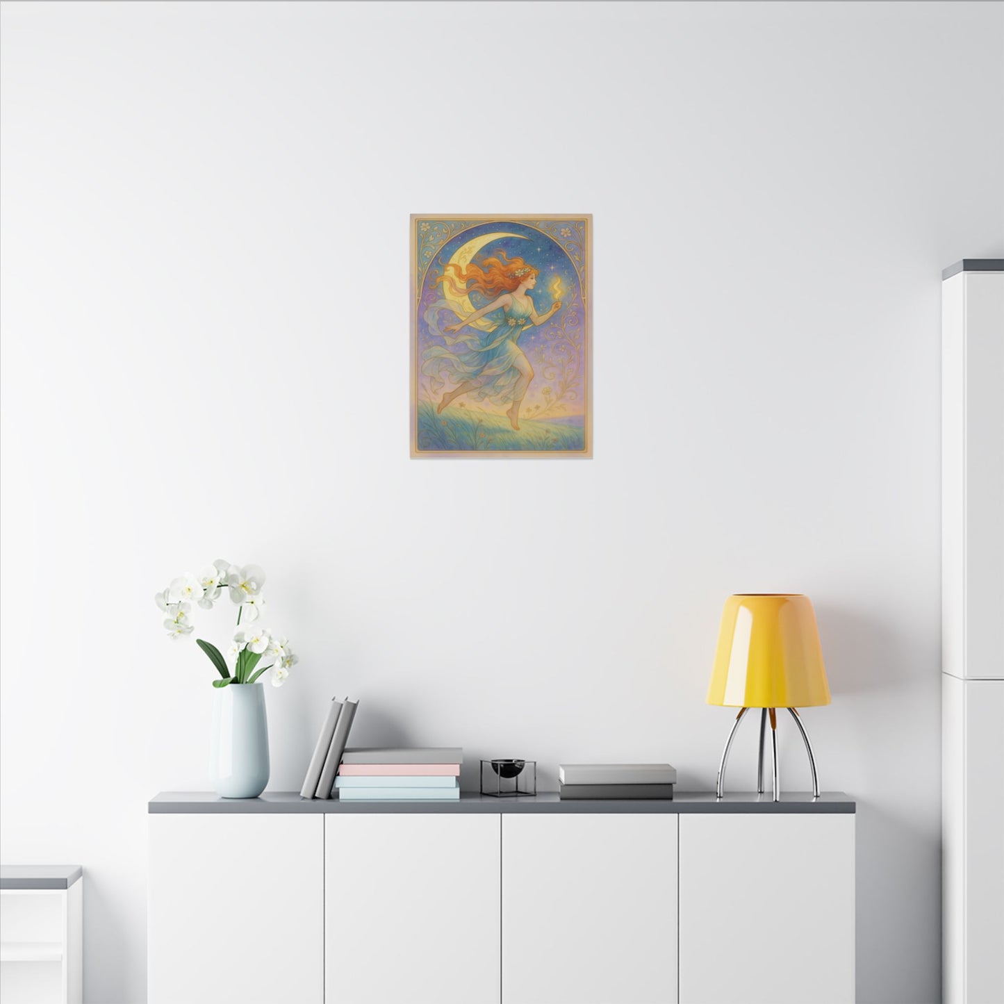 Flame Keeper Running Free – Moonlit Goddess Art Nouveau Canvas Wall Art