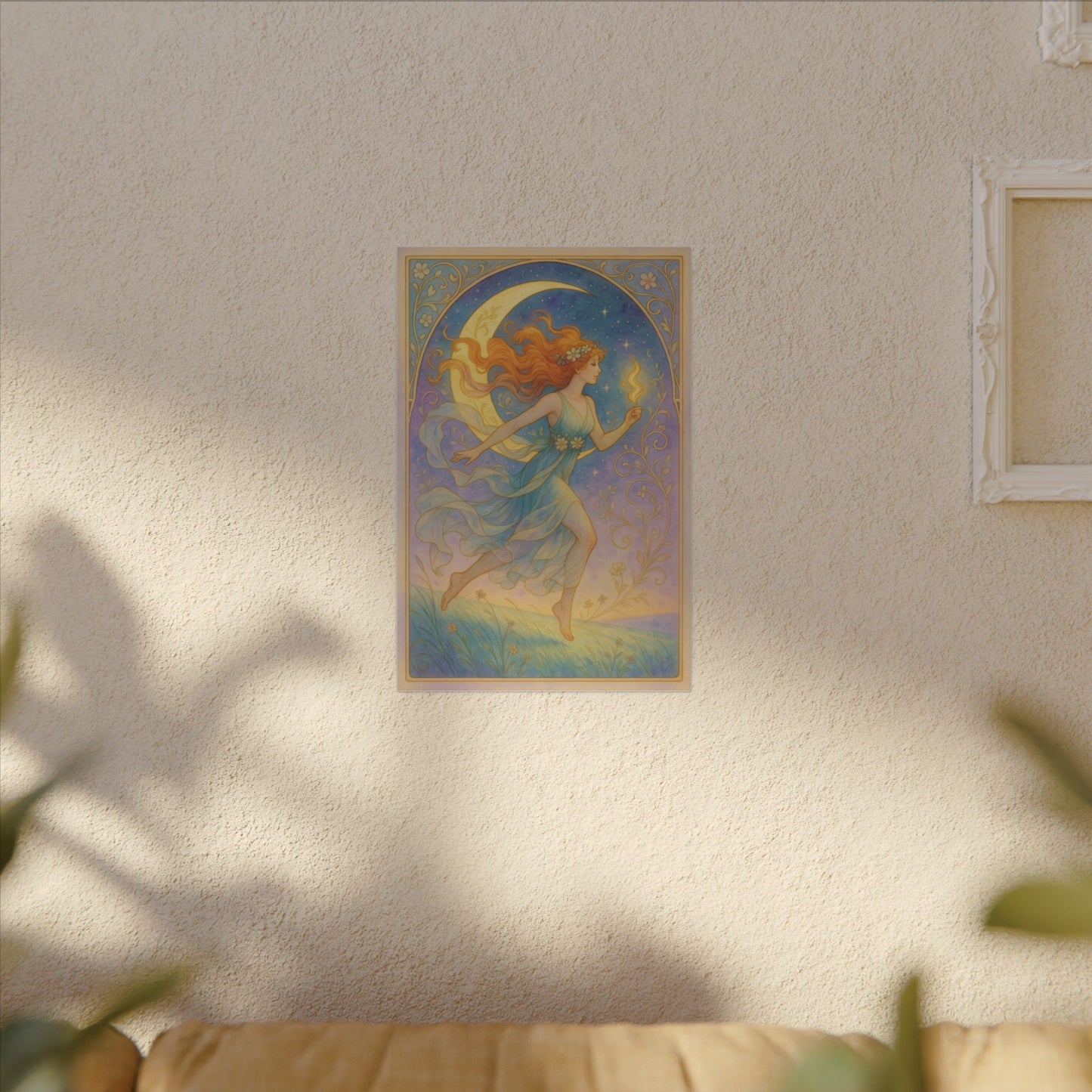 Flame Keeper Running Free – Moonlit Goddess Art Nouveau Canvas Wall Art