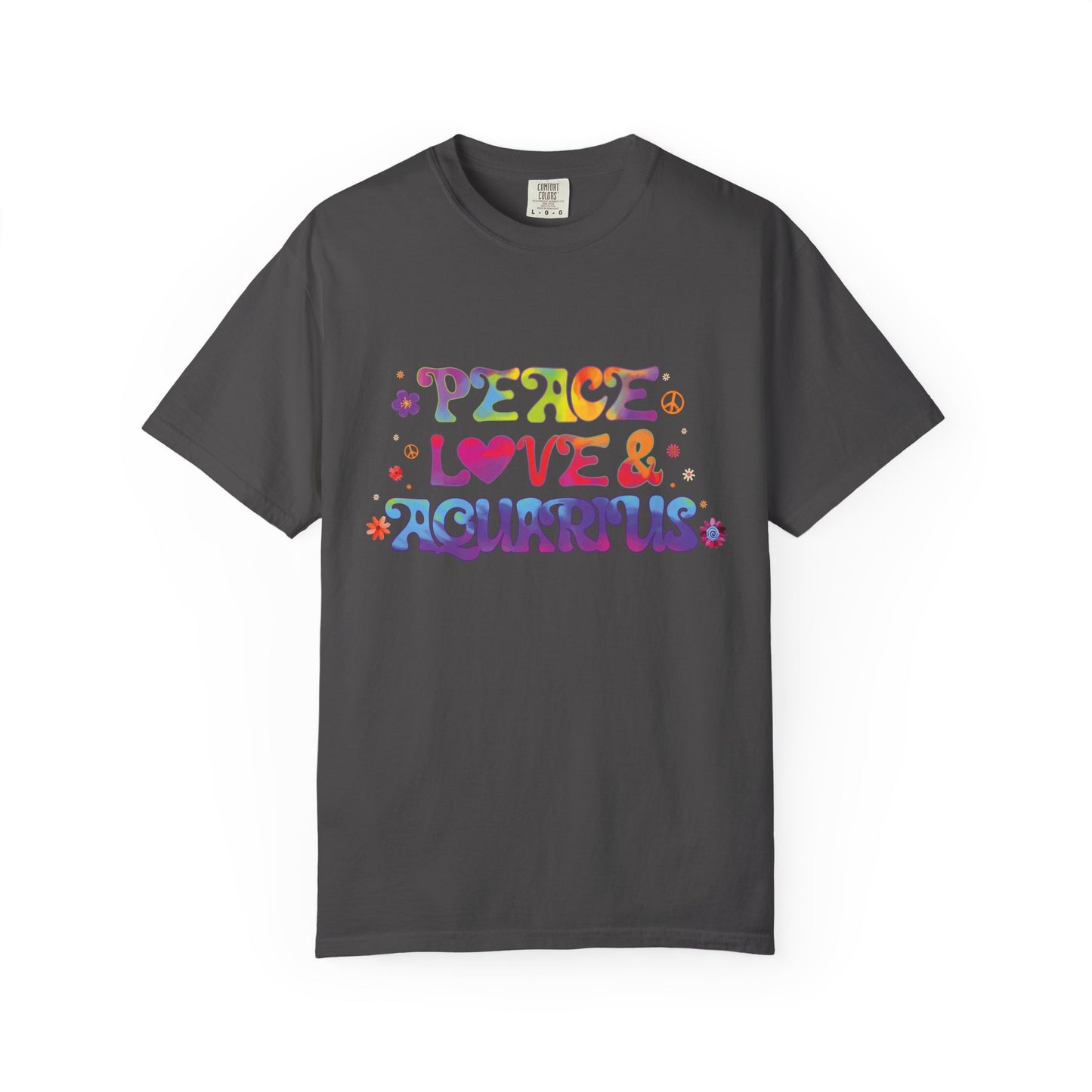 Peace Love & Aquarius Tee – Groovy Multicolor Zodiac Shirt