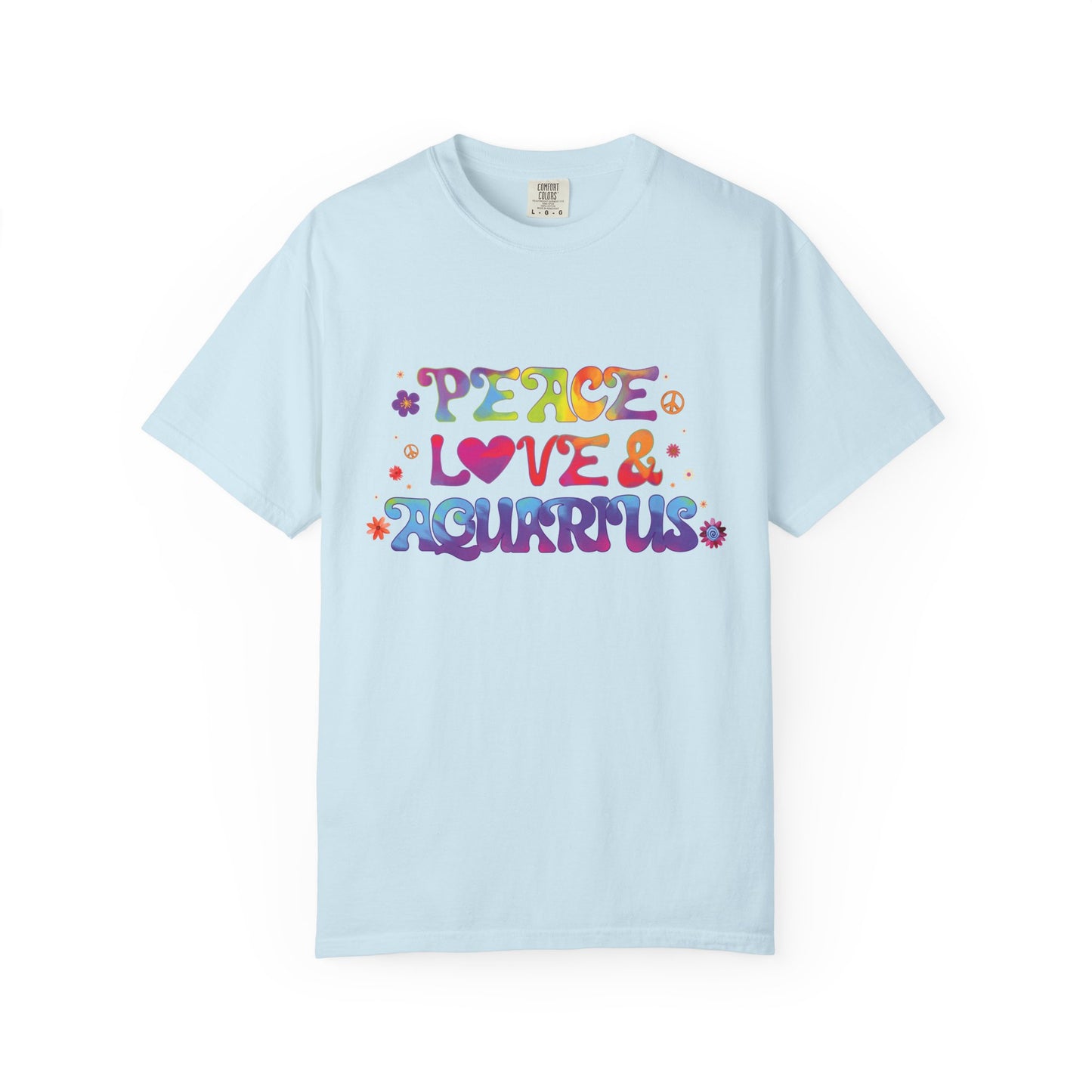 Peace Love & Aquarius Tee – Groovy Multicolor Zodiac Shirt