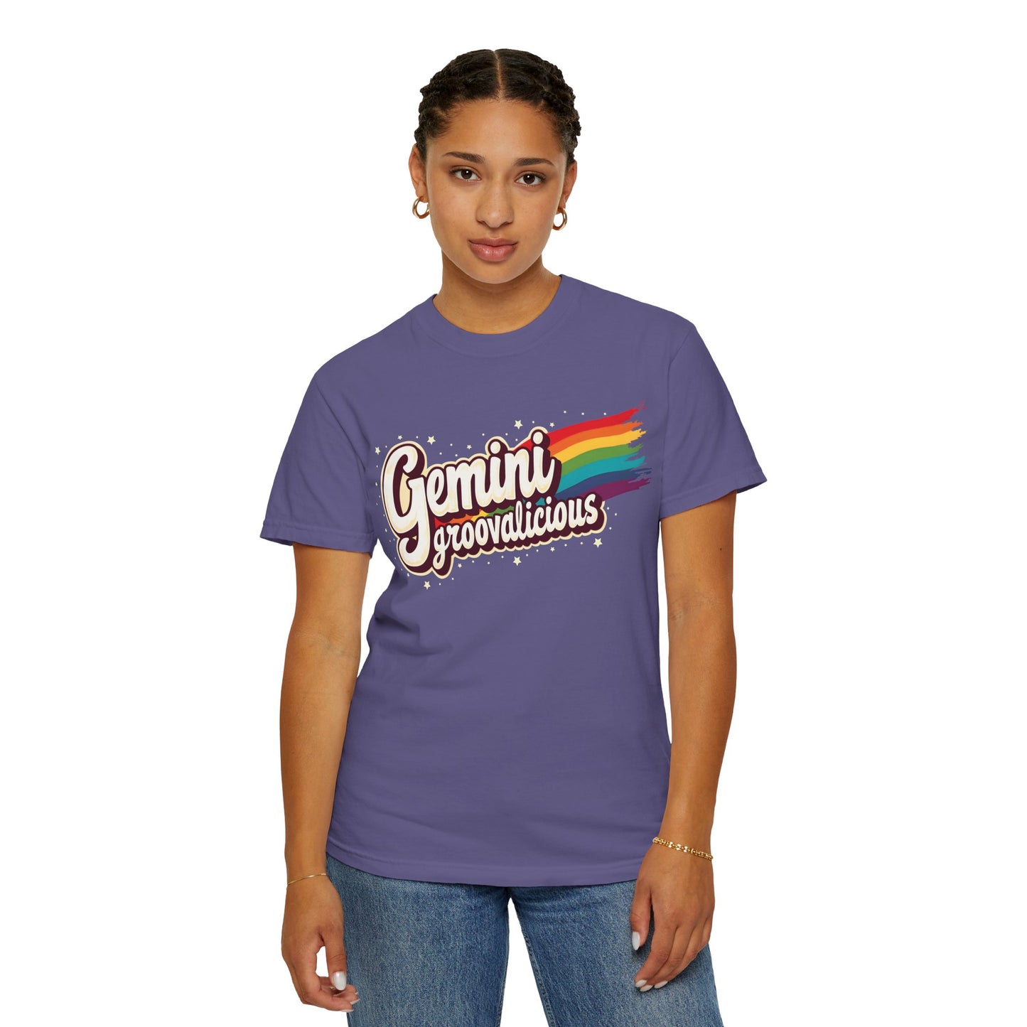 Gemini Groovalicious - Retro Rainbow Script Zodiac Tee