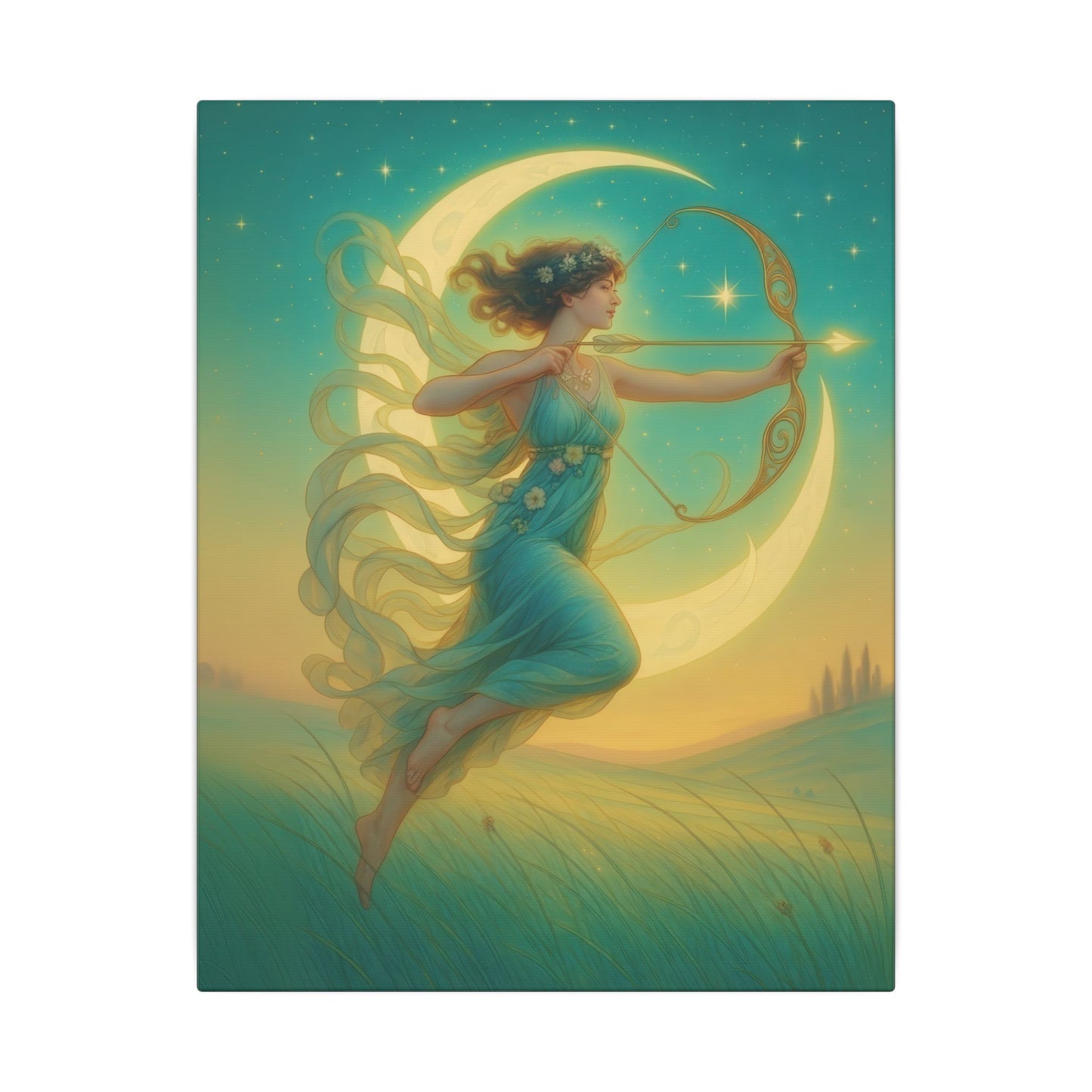 Artemis of the Stars – Celestial Moon Goddess Art Nouveau Canvas Wall Art