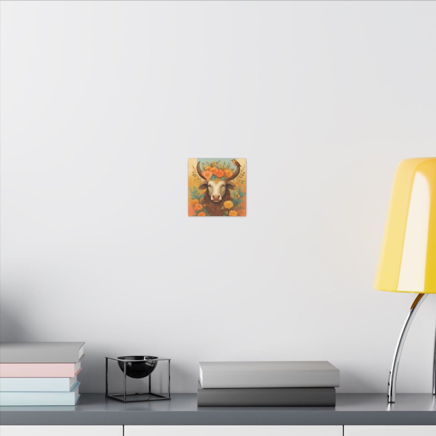 Bull with Bird – Floral Serenity Wall Art (Taurus Inspired), Square