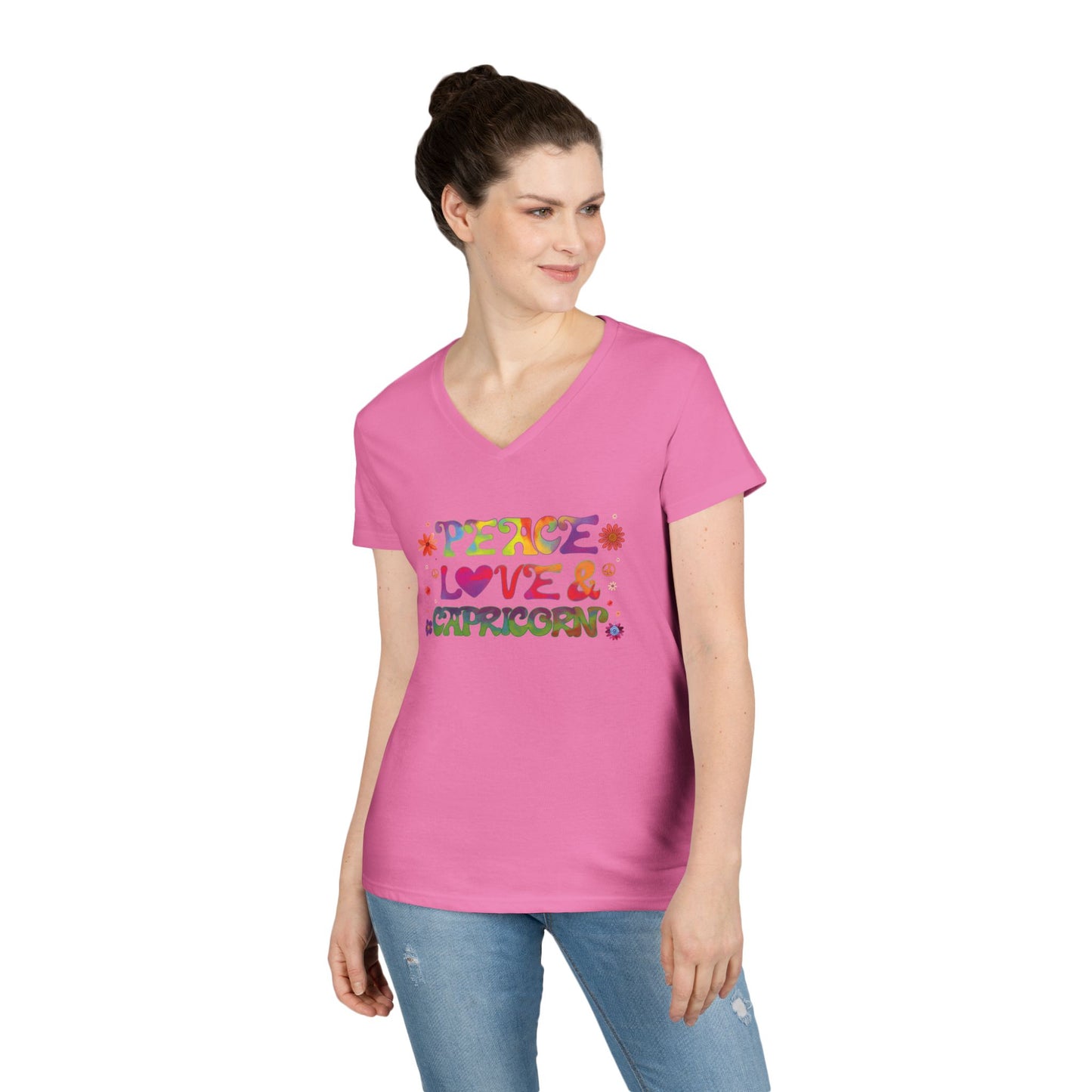 Peace Love Capricorn Women’s V-Neck Tee – Empowering Retro Zodiac Shirt