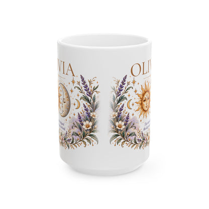 Personalized Zodiac Mug, Custom Name Coffee Mug, Boho Celestial Sun Moon Mug, Astrology Birthday Gift, Floral Boho Mug
