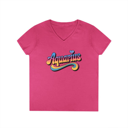 Retro Aquarius Women's V-Neck Tee – Empowering Colorful Zodiac Shirt