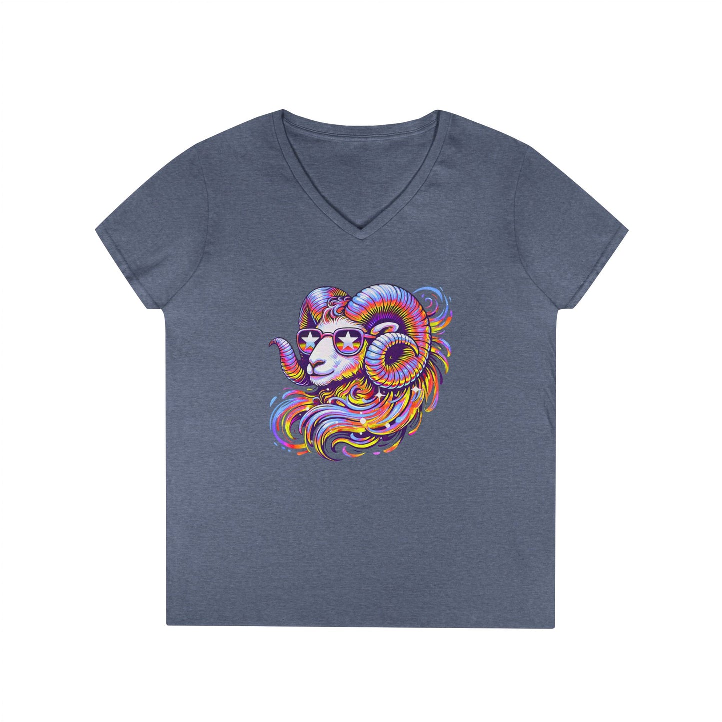 Psychedelic Ram Women’s V-Neck Tee – Empowering Aries Zodiac Shirt