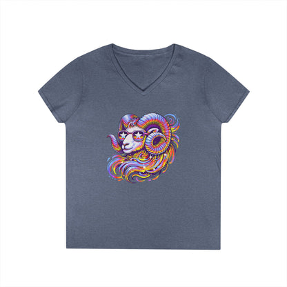 Psychedelic Ram Women’s V-Neck Tee – Empowering Aries Zodiac Shirt