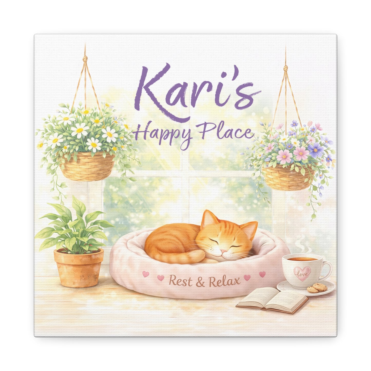 Personalized Cat Canvas Print - "Kari's Happy Place" Cozy Pet Wall Art