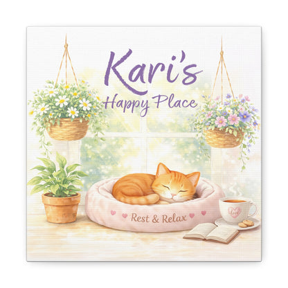 Personalized Cat Canvas Print - "Kari's Happy Place" Cozy Pet Wall Art