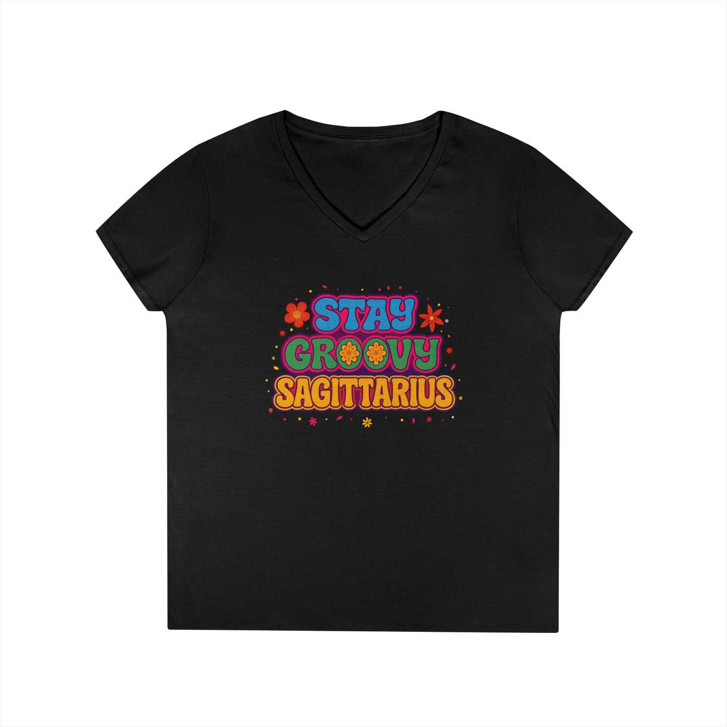 Stay Groovy Sagittarius Women’s V-Neck Tee – Empowering Retro Zodiac Shirt