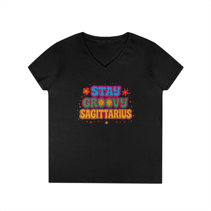 Stay Groovy Sagittarius Women’s V-Neck Tee – Empowering Retro Zodiac Shirt