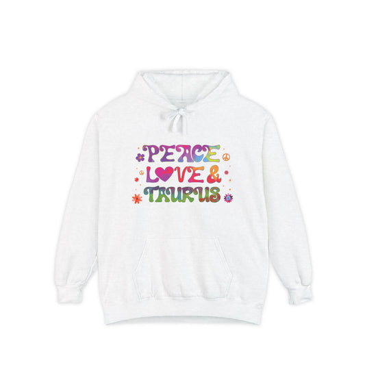 Peace Love & Taurus Unisex Hoodie – Groovy Retro Comfort Colors Midweight Hoodie