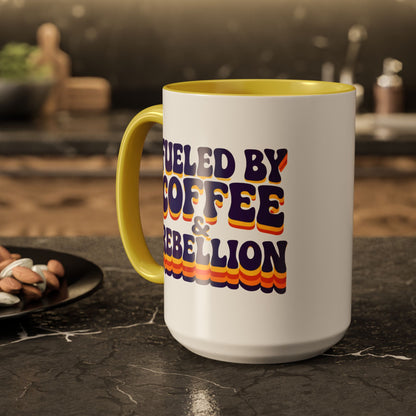 Fueled by Coffee & Rebellion – Funny Retro Mug (Color Accent, 11oz & 15oz)