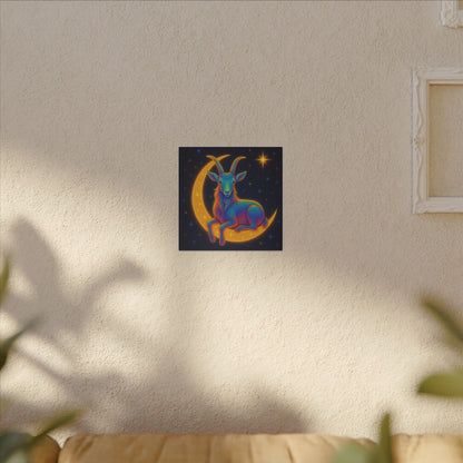 Rainbow Goat on the Moon – Capricorn Celestial Wall Art