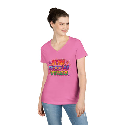 Stay Groovy Virgo Women’s V-Neck Tee – Empowering Retro Colorful Shirt