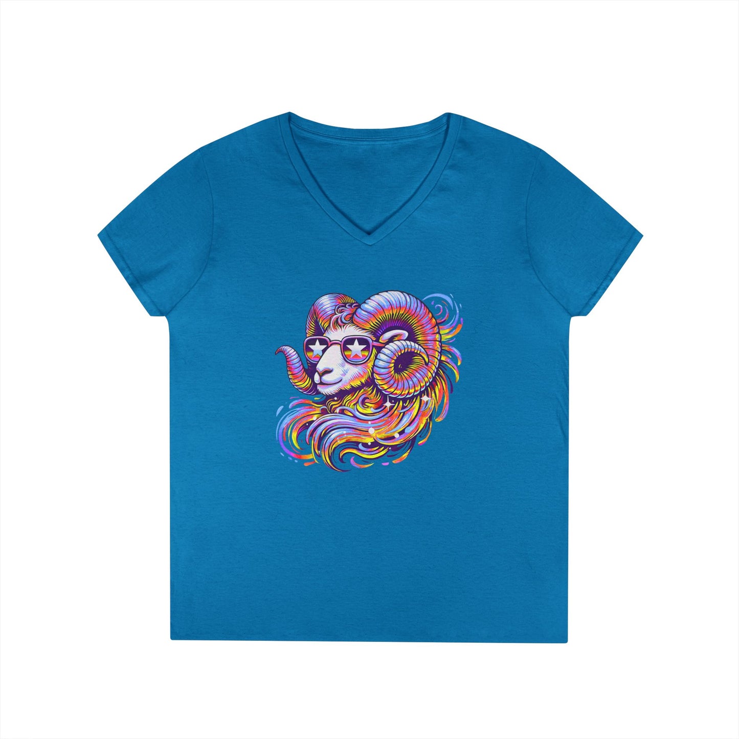 Psychedelic Ram Women’s V-Neck Tee – Empowering Aries Zodiac Shirt