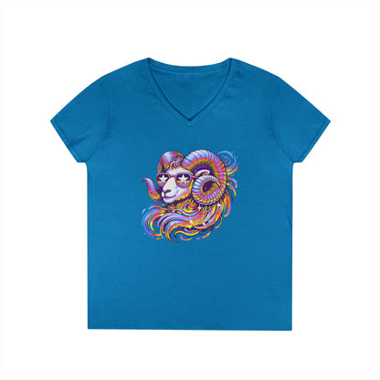 Psychedelic Ram Women’s V-Neck Tee – Empowering Aries Zodiac Shirt