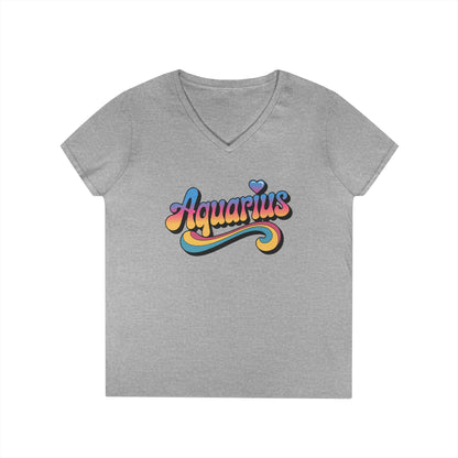 Retro Aquarius Women's V-Neck Tee – Empowering Colorful Zodiac Shirt