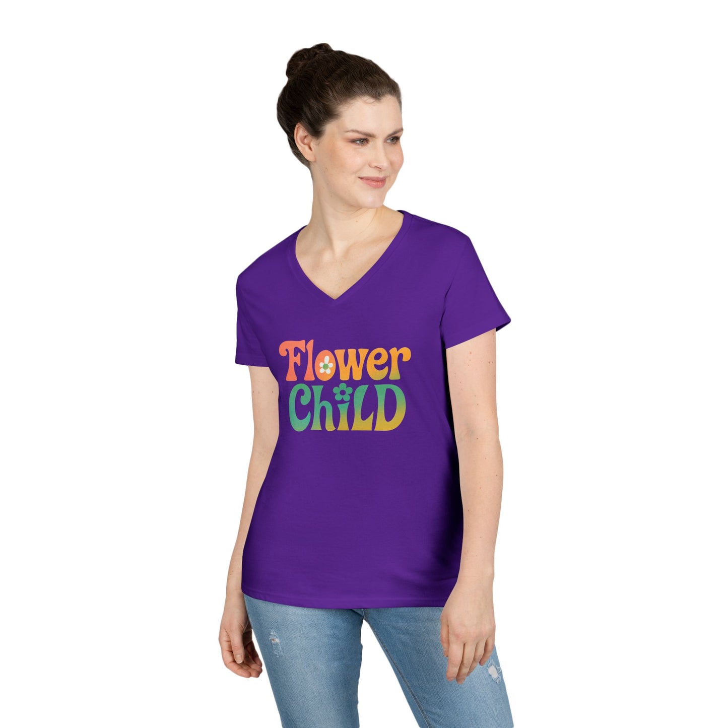 Flower Child Women’s V-Neck Tee – Empowering Retro Floral Colorful Shirt