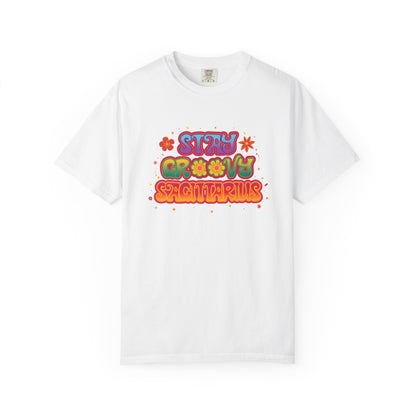 Stay Groovy Sagittarius – Retro Zodiac Flower Power Tee
