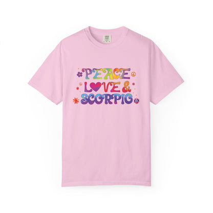 Peace Love & Scorpio Tee – Colorful Retro Zodiac Shirt