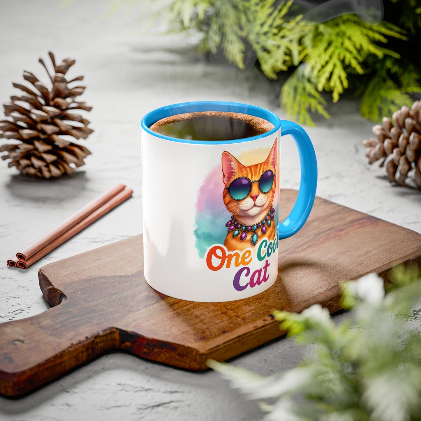 One Cool Cat – Groovy Fun Colorful Kitty Mug (Blue Accent, 11oz & 15oz)