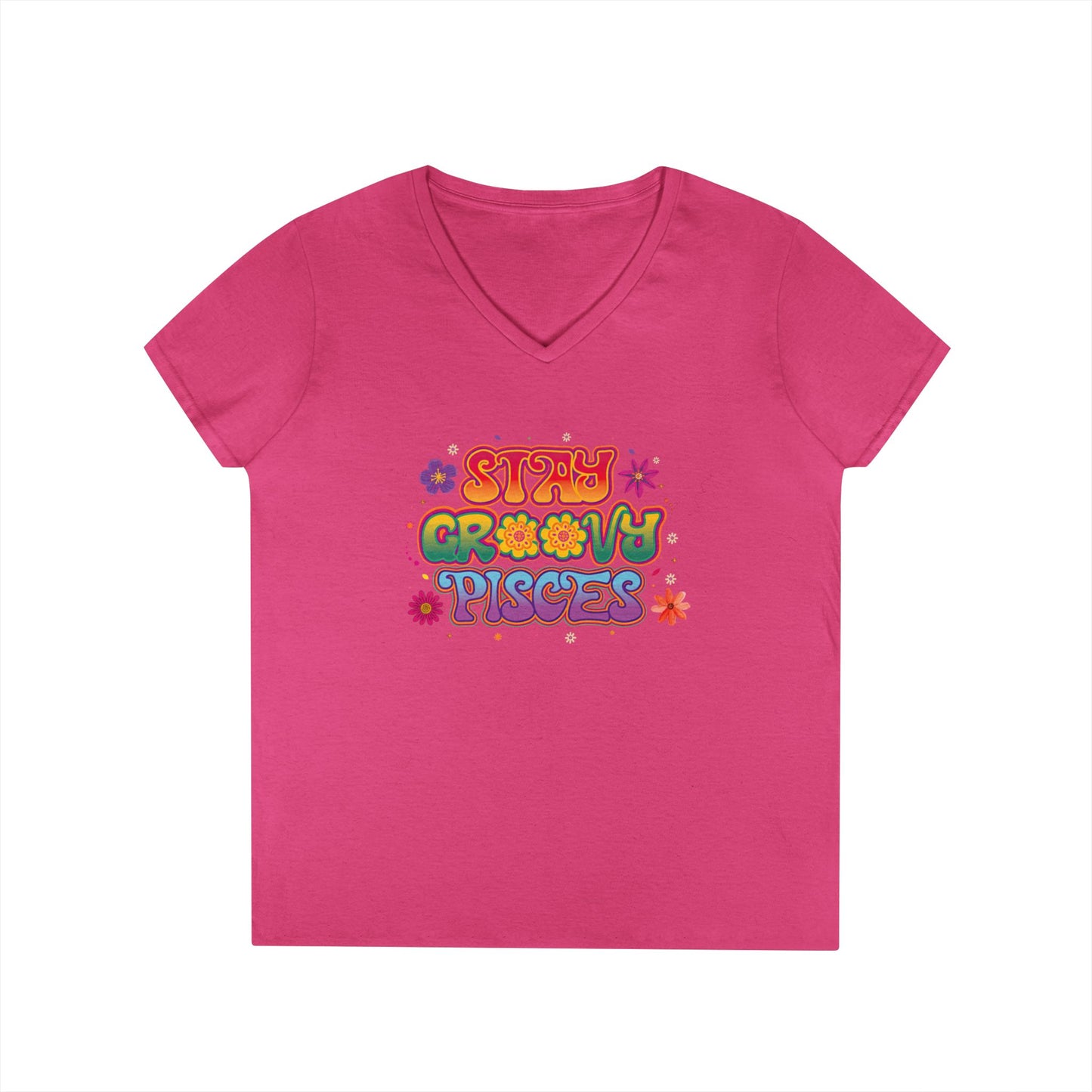 Stay Groovy Pisces Women’s V-Neck Tee – Empowering Retro Zodiac Shirt