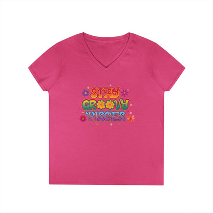 Stay Groovy Pisces Women’s V-Neck Tee – Empowering Retro Zodiac Shirt