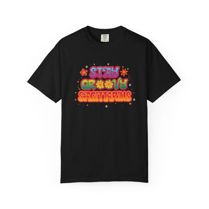 Stay Groovy Sagittarius – Retro Zodiac Flower Power Tee