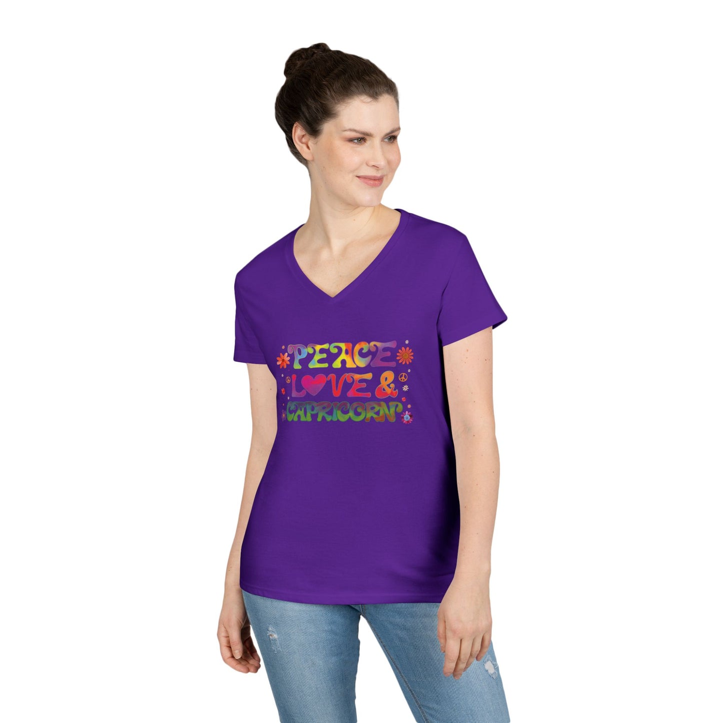 Peace Love Capricorn Women’s V-Neck Tee – Empowering Retro Zodiac Shirt