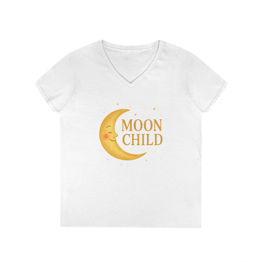 Moon Child Women’s V-Neck Tee – Empowering Celestial Lunar Zodiac Shirt