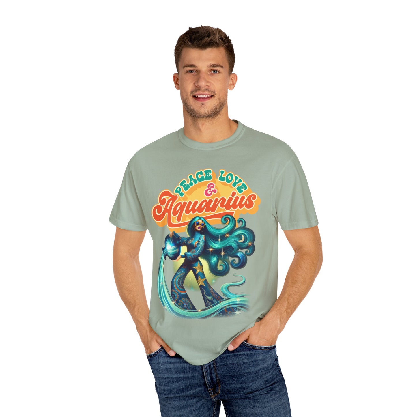 Peace Love & Aquarius – Retro Zodiac Water Bearer Tee