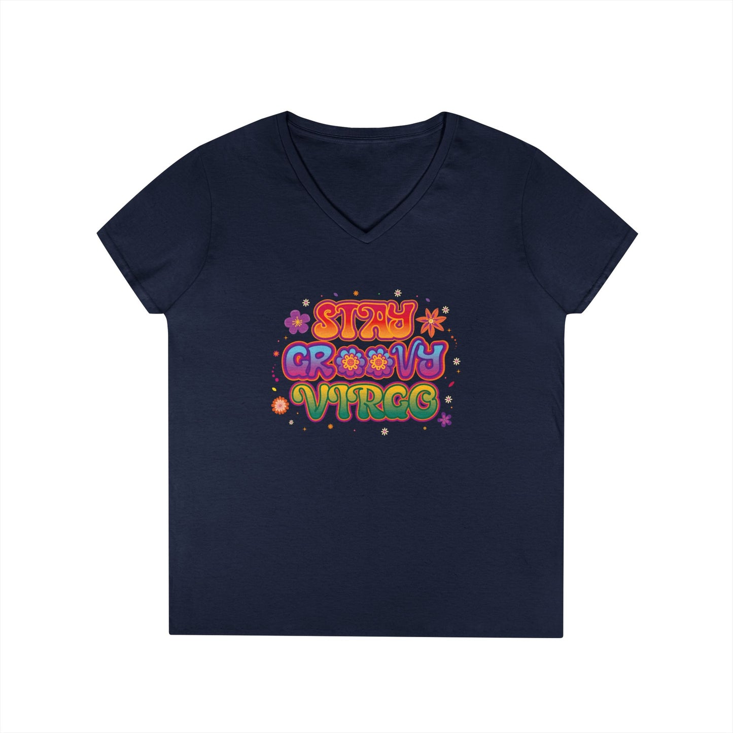 Stay Groovy Virgo Women’s V-Neck Tee – Empowering Retro Zodiac Shirt