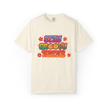 Stay Groovy Aries Tee – Colorful Retro Zodiac Shirt, 70s Flower Power Style