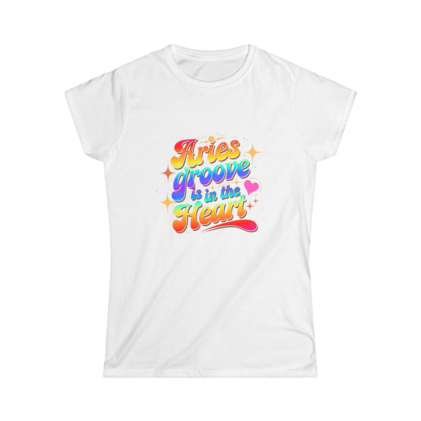 Aries Groove Is in the Heart T-Shirt | Rainbow Aries Vibes Tee | Zodiac Astrology Shirt for Her | Cosmic Birthday Gift | Women's Softstyle Star Sign Tee