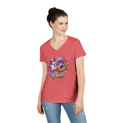 Psychedelic Ram Women’s V-Neck Tee – Empowering Aries Zodiac Shirt