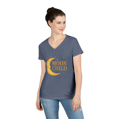 Moon Child Women’s V-Neck Tee – Empowering Celestial Lunar Zodiac Shirt