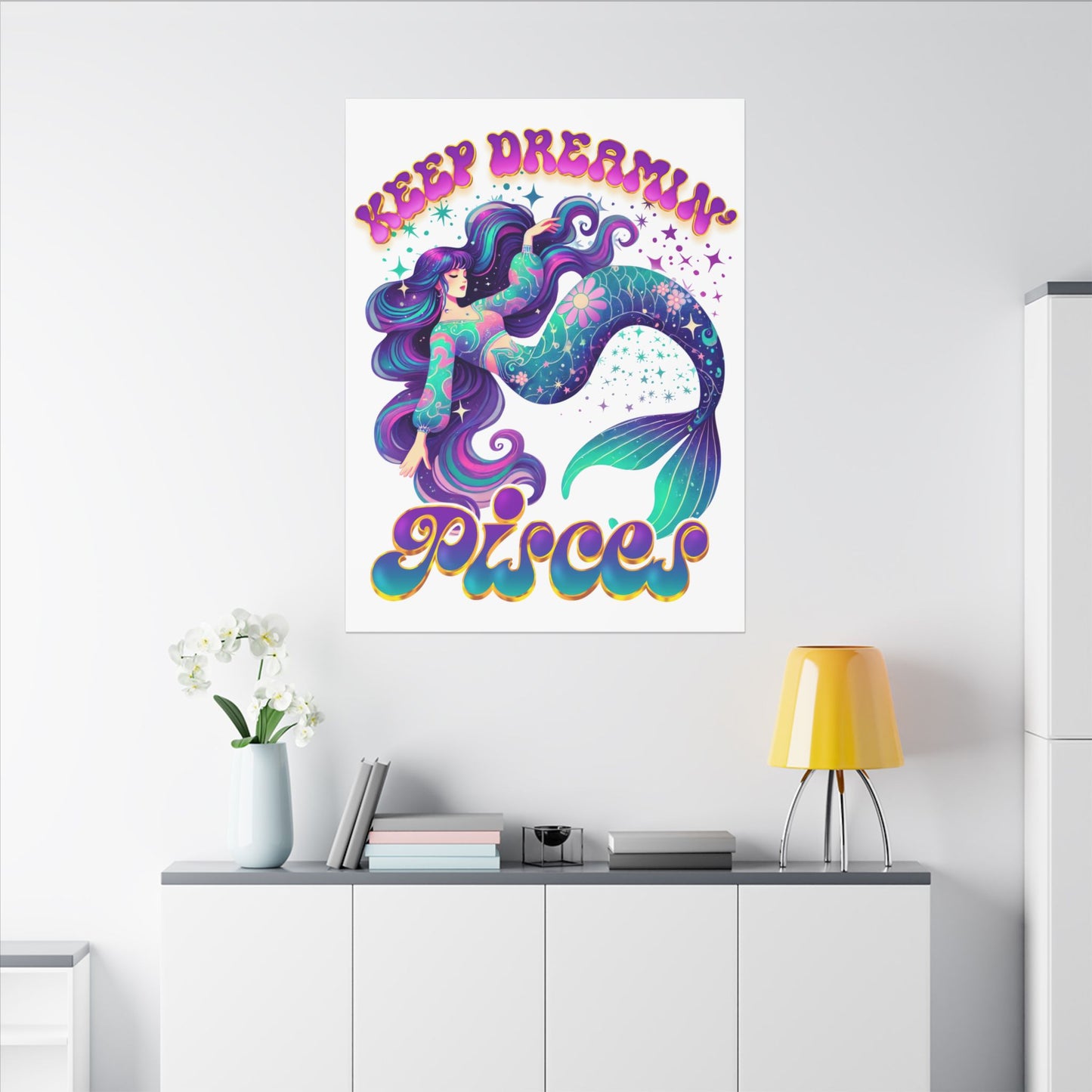 Keep Dreamin’ Pisces Mermaid – Retro Rainbow Zodiac Canvas Wall Art