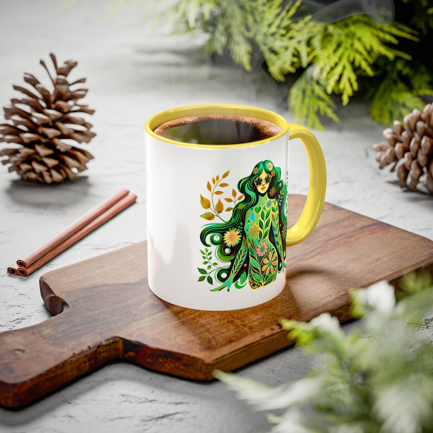 I’m Super Natural – Groovy Earth Goddess Two-Sided Mug (Yellow or Green, 11oz & 15oz)