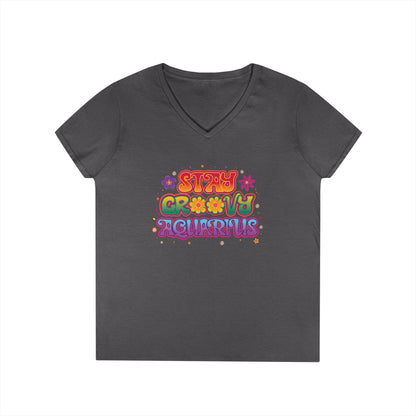 Stay Groovy Aquarius Women’s V-Neck Tee – Empowering Retro Zodiac Shirt