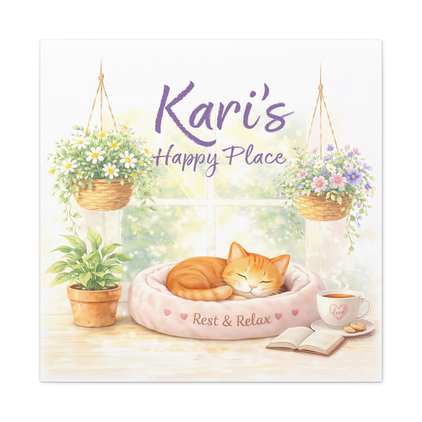 Personalized Cat Canvas Print - "Kari's Happy Place" Cozy Pet Wall Art