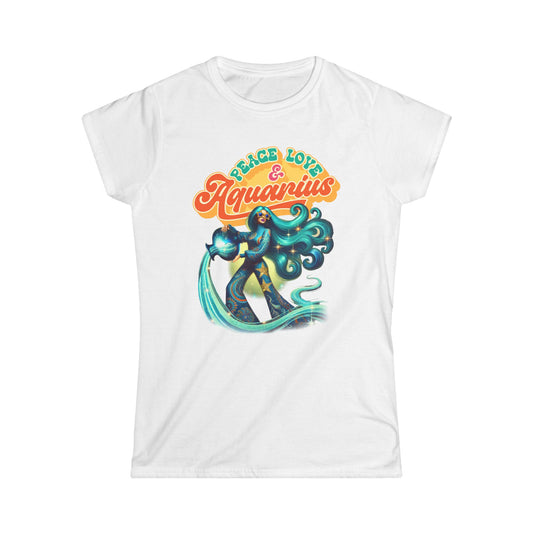 Peace Love Aquarius Women’s Softstyle Tee – Empowering Retro Zodiac Shirt