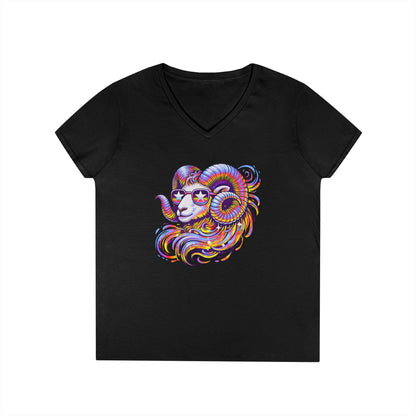Psychedelic Ram Women’s V-Neck Tee – Empowering Aries Zodiac Shirt