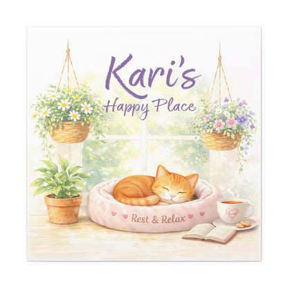 Personalized Cat Canvas Print - "Kari's Happy Place" Cozy Pet Wall Art