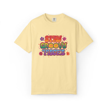 Stay Groovy Pisces - Retro Flower Power Zodiac Tee